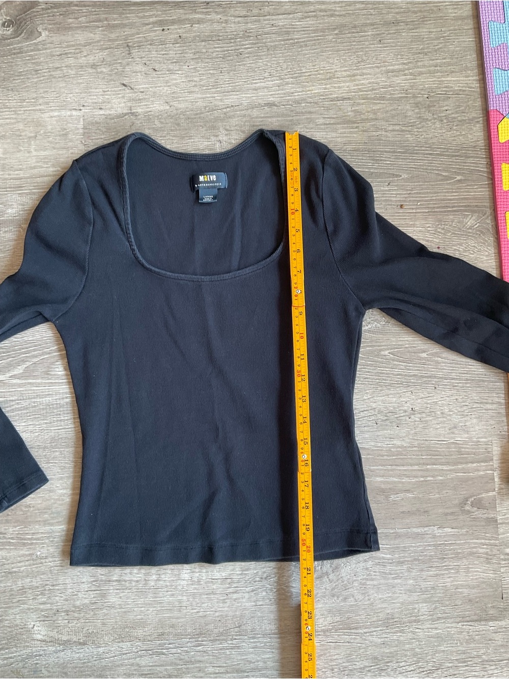 Maeve by Anthropologie Black Ribbed Knit Square Neck Stretch Top Long Sleeve L - Picture 7 of 7